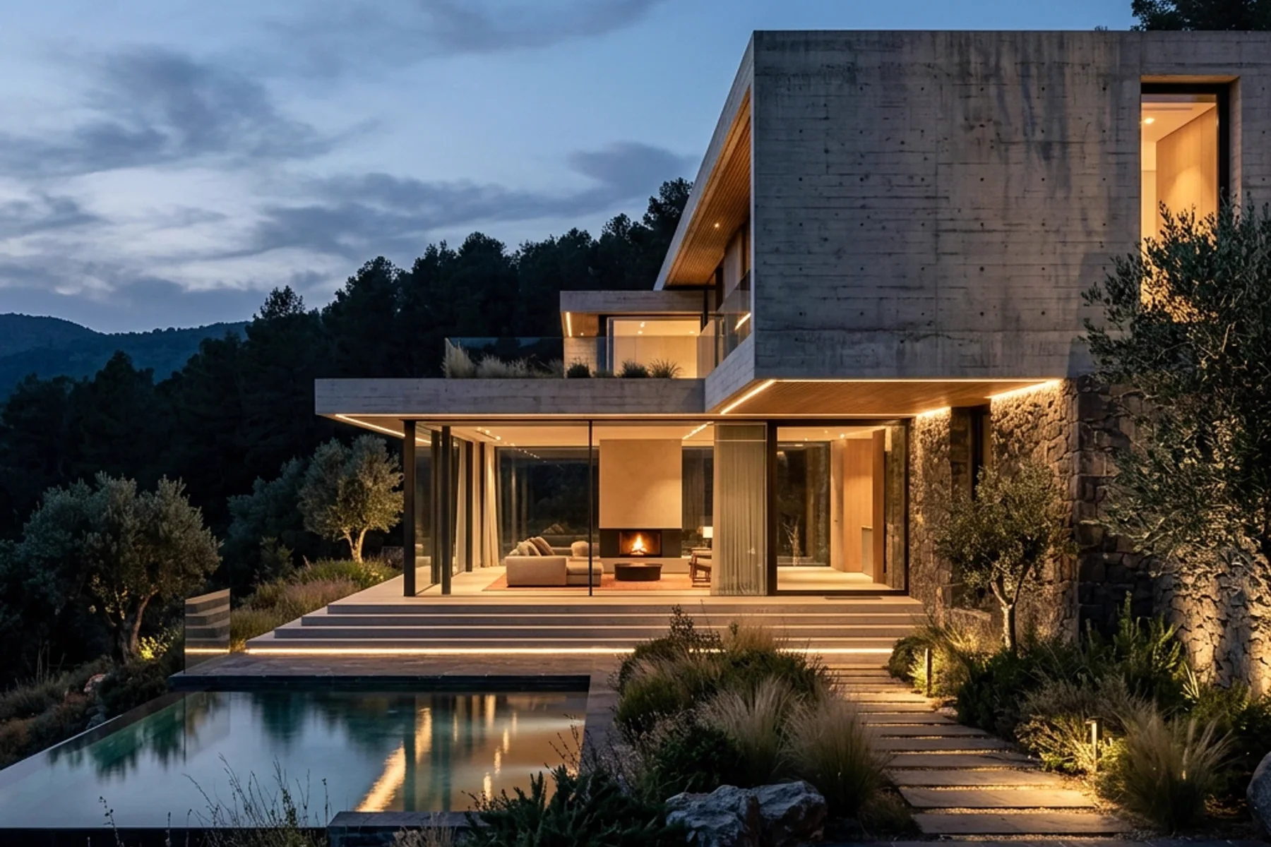 Residencia de concreto iluminada al anochecer