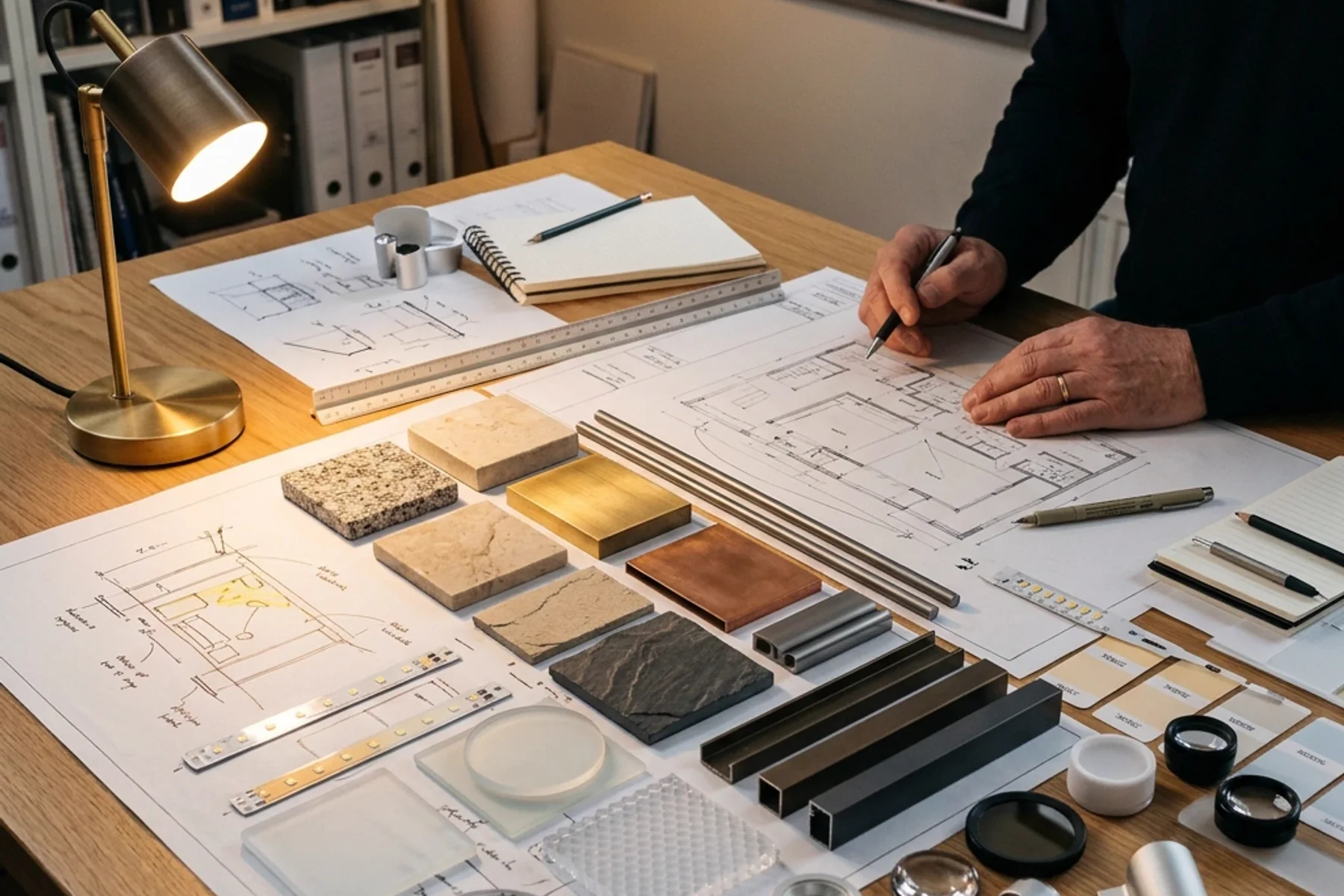 Mesa de trabajo con planos y muestras de materiales