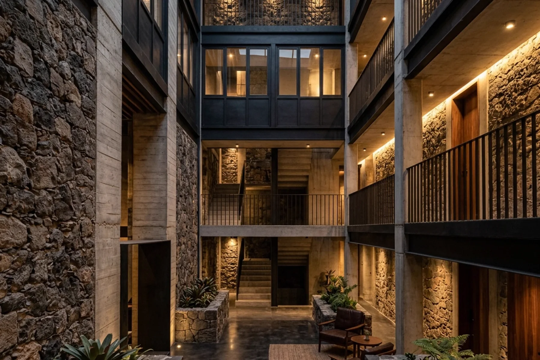 Atrio de hotel con piedra, concreto e iluminación cálida